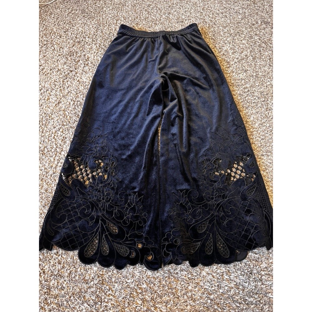 Kobi Halperin XS Black Velvet Pants Embroidered Cutwork Scalloped Wide Leg